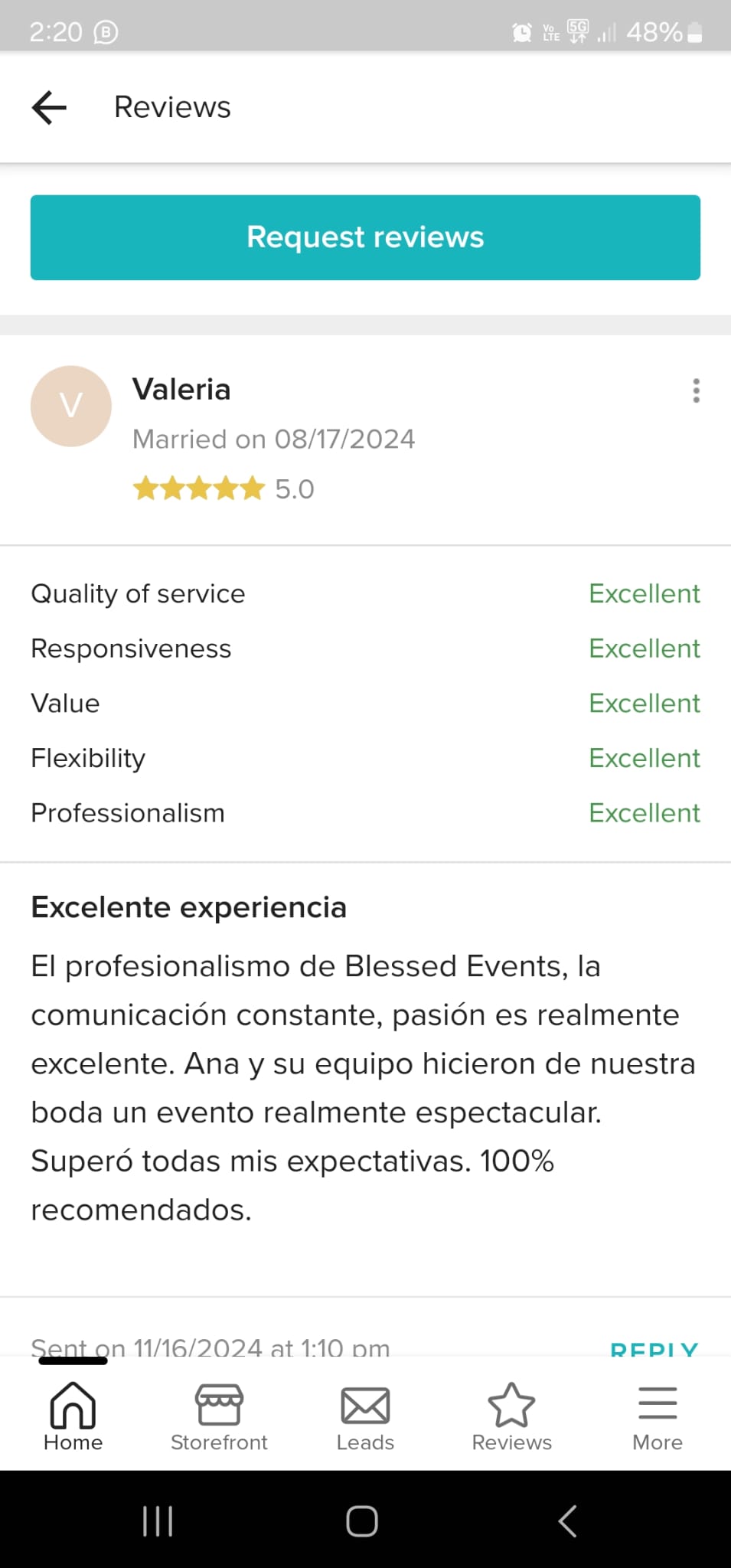 Resena 5 estrellas en WeddingWire