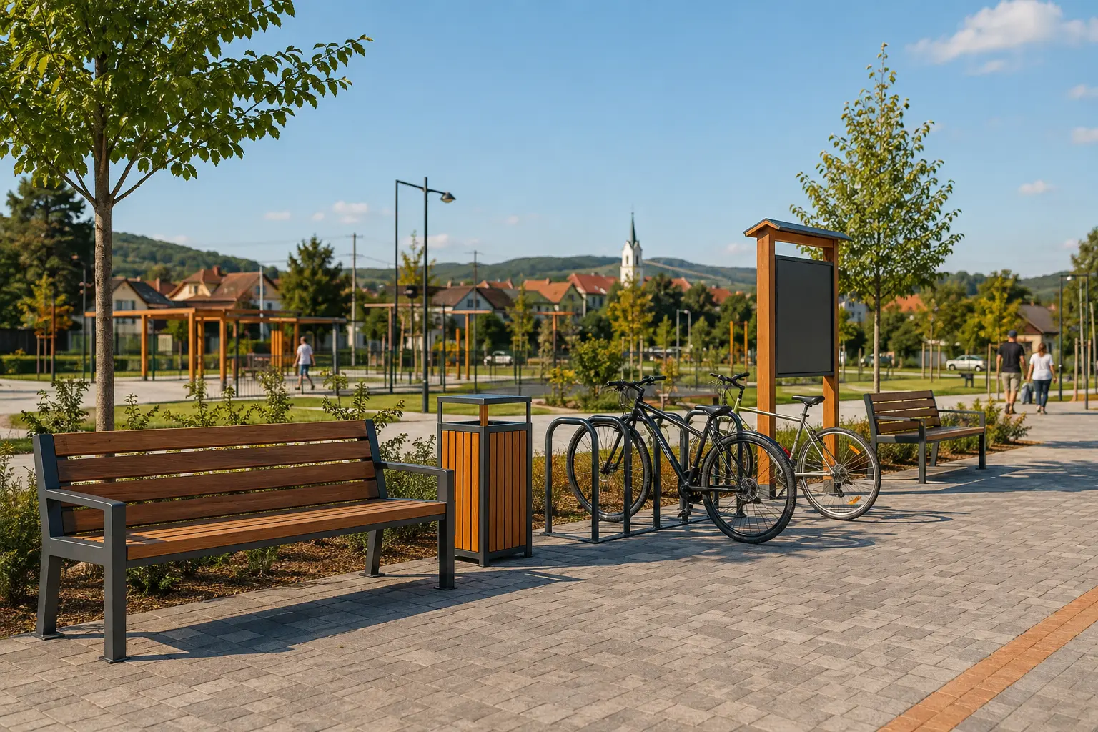 Imagine ilustrativă: bănci, coș, rastel pentru biciclete și element de informare din lemn și metal într-un parc public