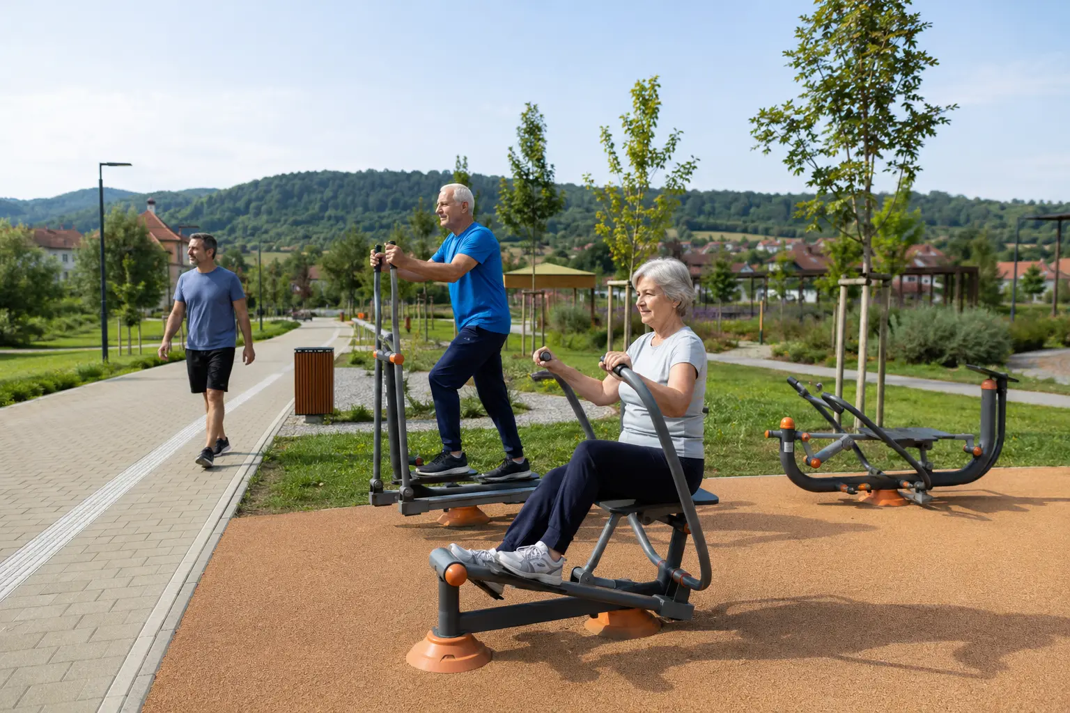 Imagine ilustrativă: zonă de fitness exterior pentru adulți și seniori, integrată într-un traseu public multigenerațional