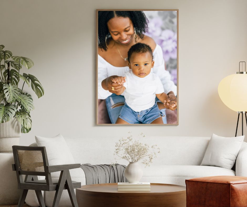 Motherhood portrait wall art mockup in living room