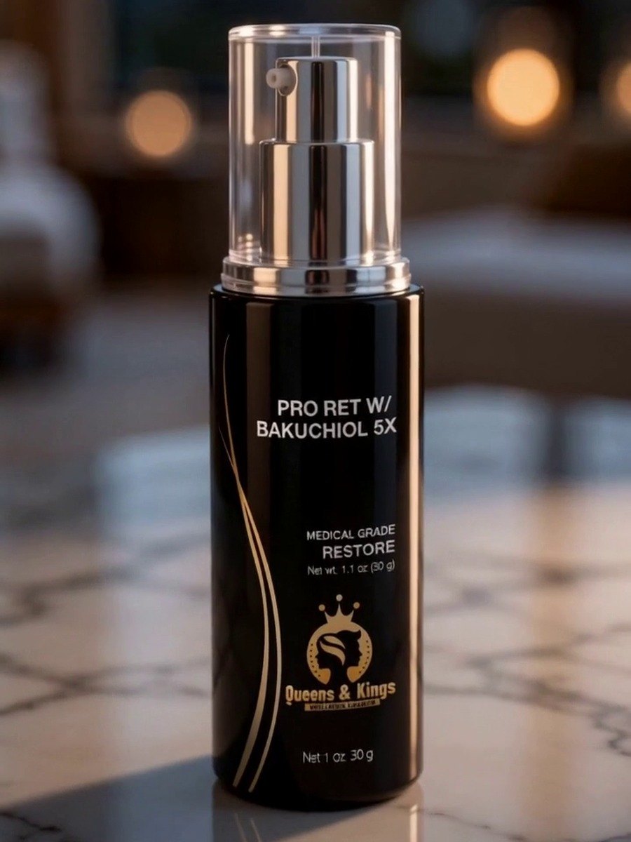 Queens & Kings Pro Ret with Bakuchiol 5X bottle on marble