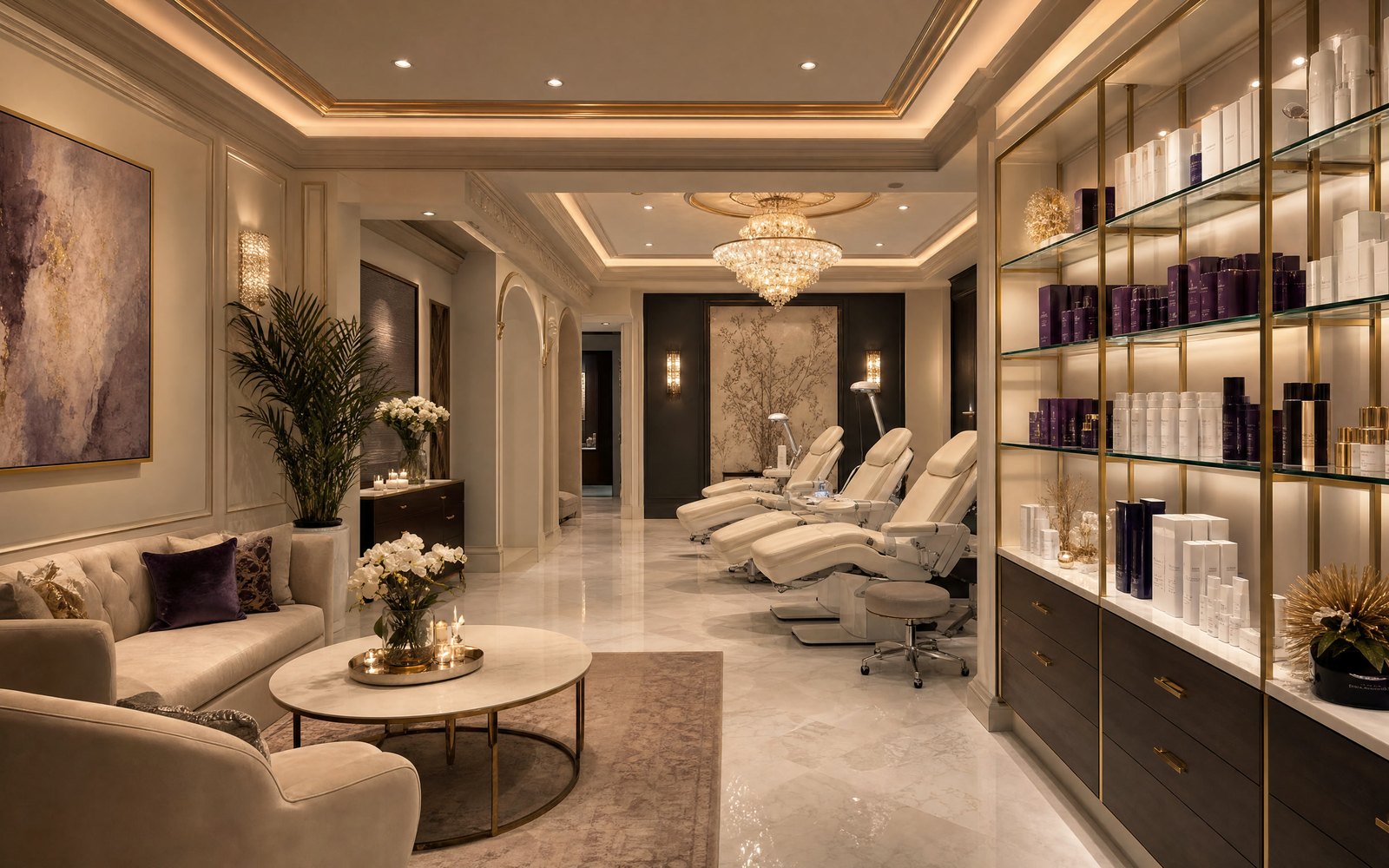 The interior of Queens & Kings Wellness Lounge — treatment chairs and a lit skincare display