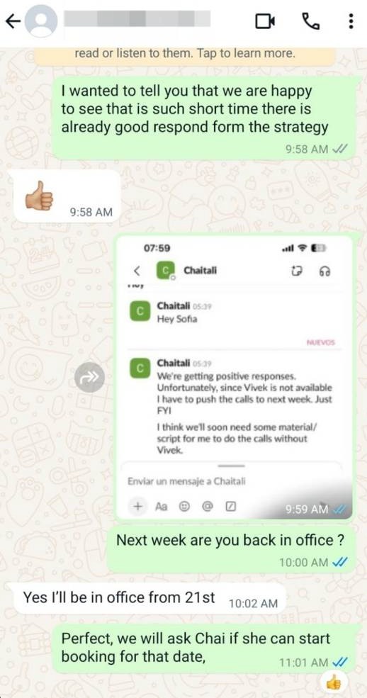 Client chat: a rep reports positive responses and asks for call material