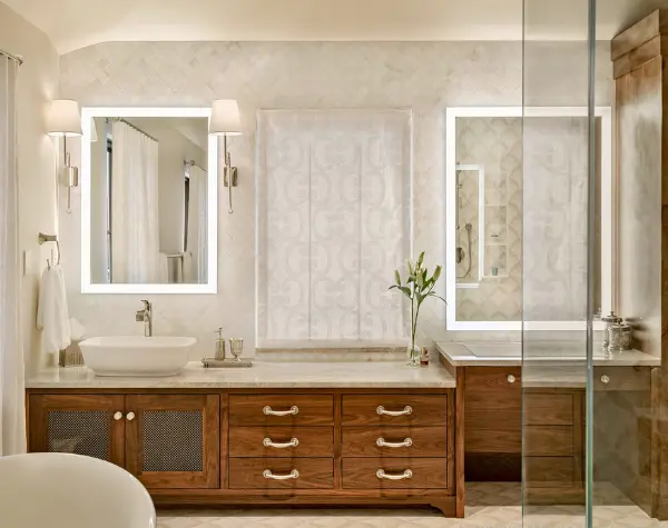 Interior bathroom painting by Minute Men Painters in Portsmouth, New Hampshire featuring a custom vanity and modern finishes