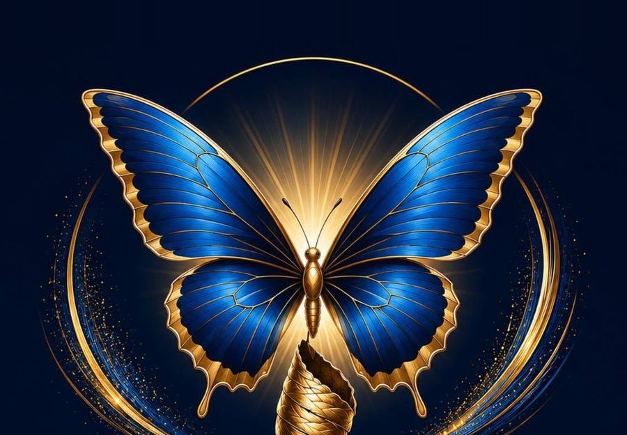 Beyond Imagination, the golden butterfly emerging from its chrysalis