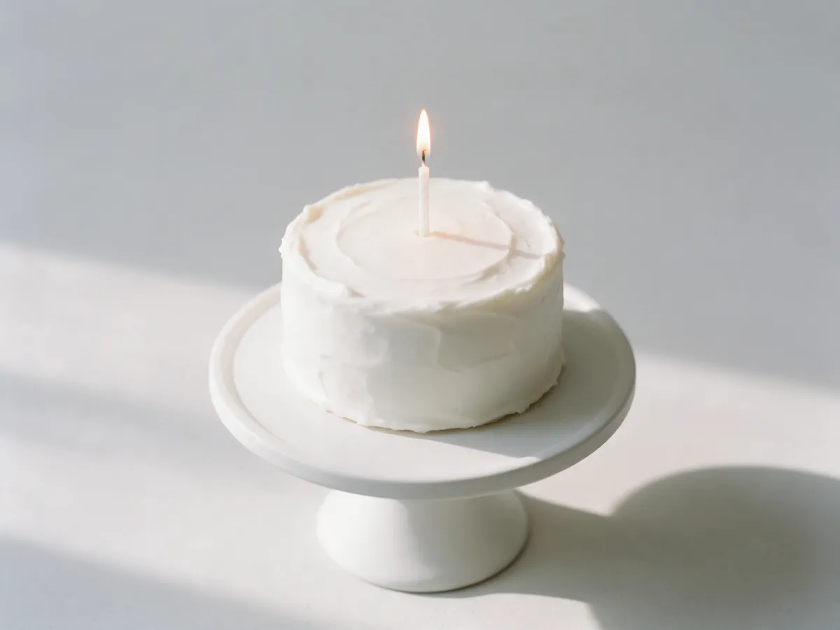 Un pastel blanco con una vela encendida sobre una base de pastel blanca.