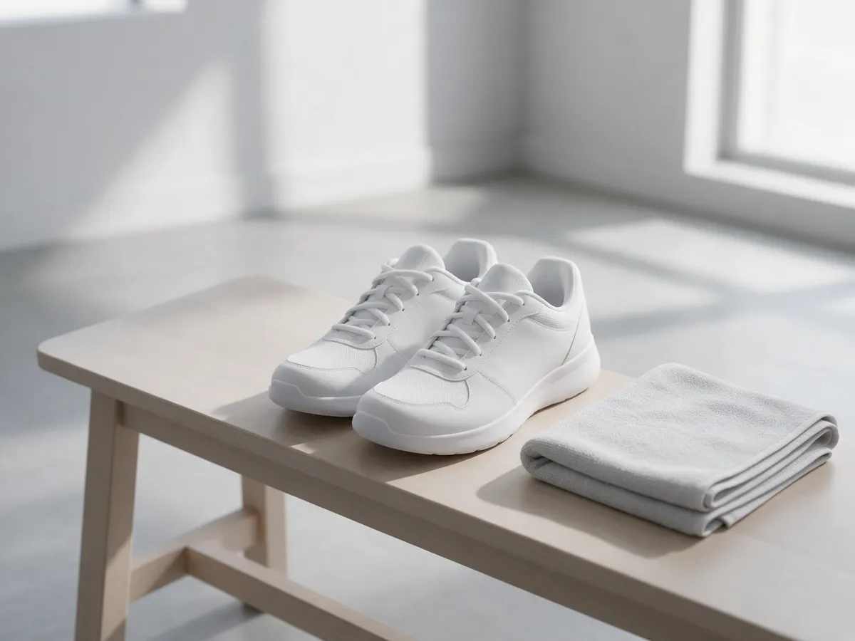 Unas zapatillas blancas de entrenamiento y una toalla gris sobre una banca.