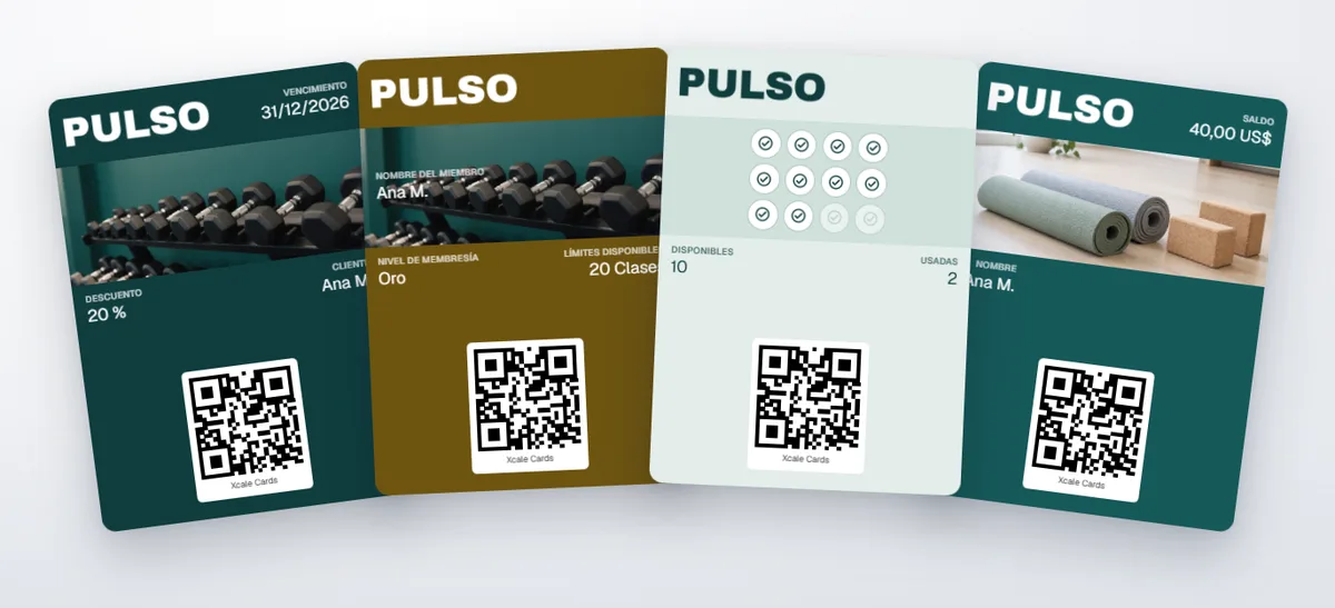 Cuatro tarjetas de Pulso Gym en abanico: un cupón de 20 %, la membresía Oro, un paquete de 12 clases y una tarjeta de regalo de 40 US$.