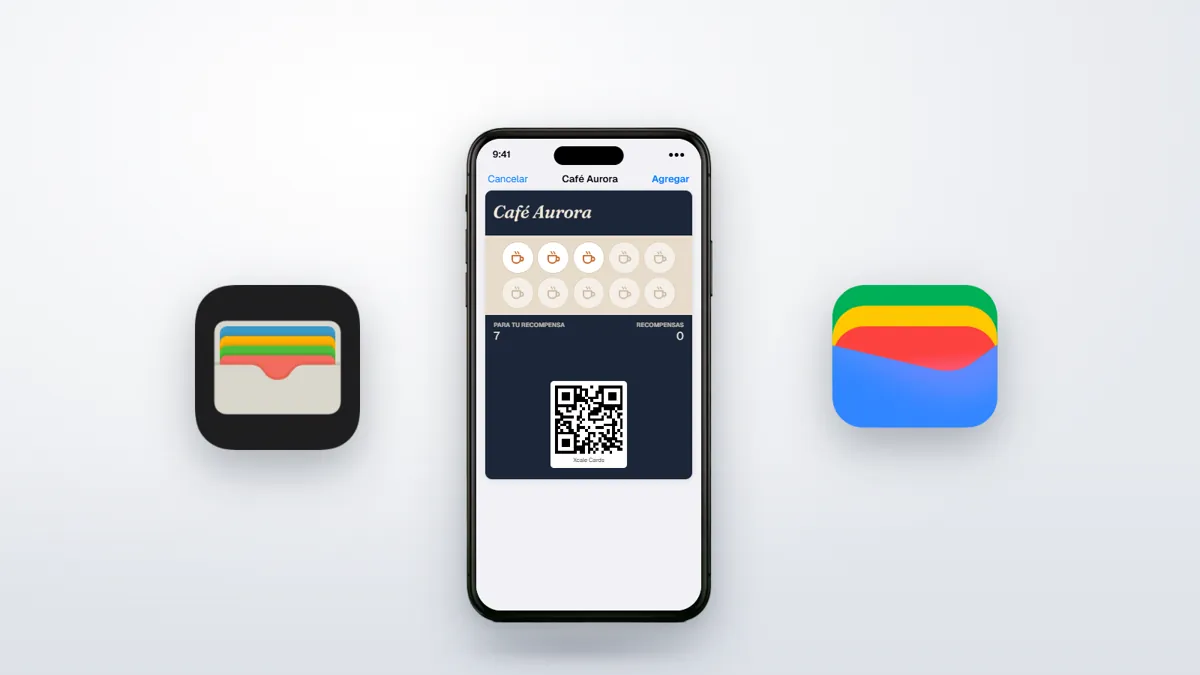 Un iPhone con la pantalla para agregar la tarjeta de Café Aurora al Wallet, entre los íconos de Apple Wallet y Google Wallet.