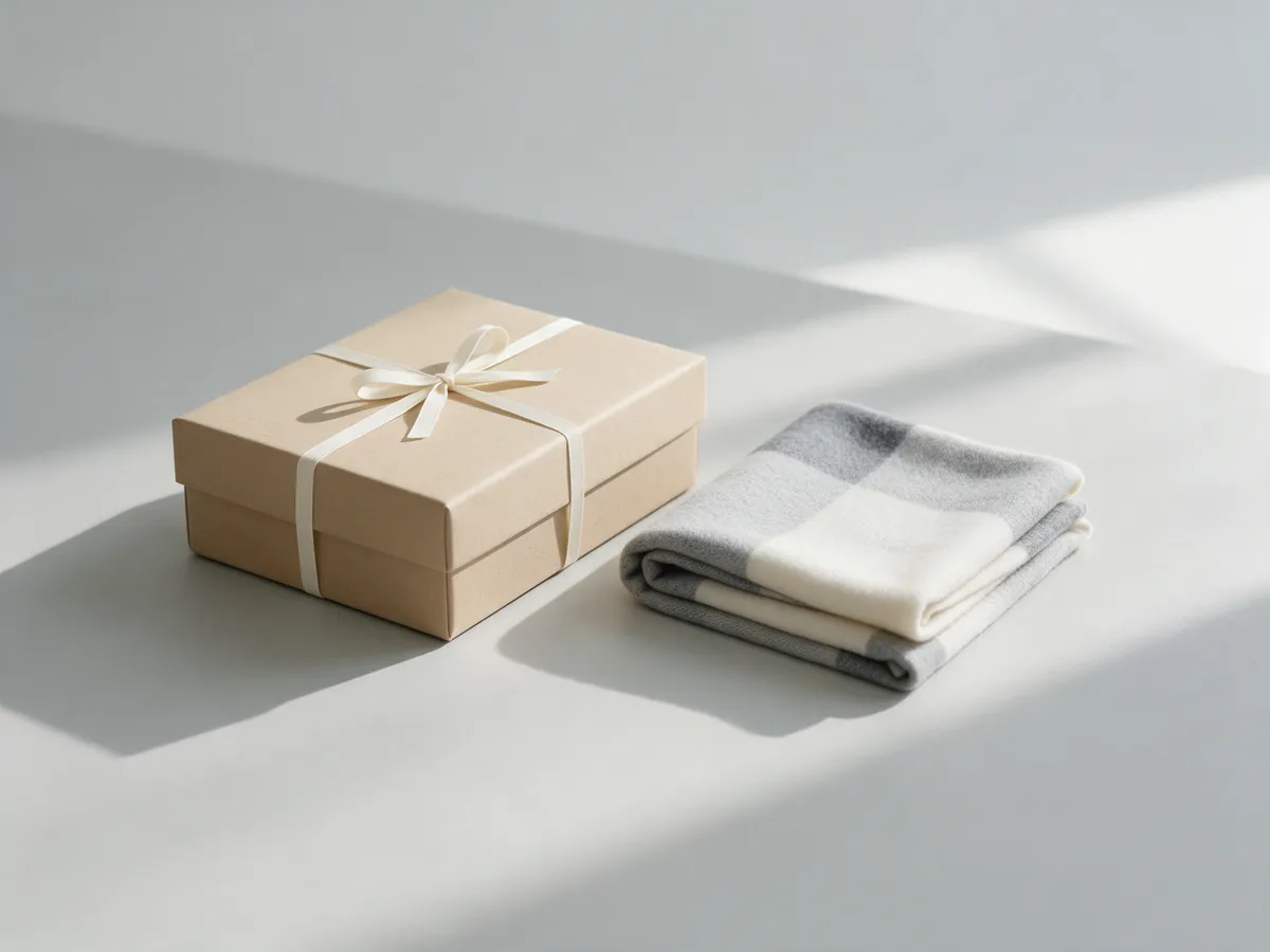 Una caja de regalo de papel kraft con una cinta crema junto a una bufanda doblada.