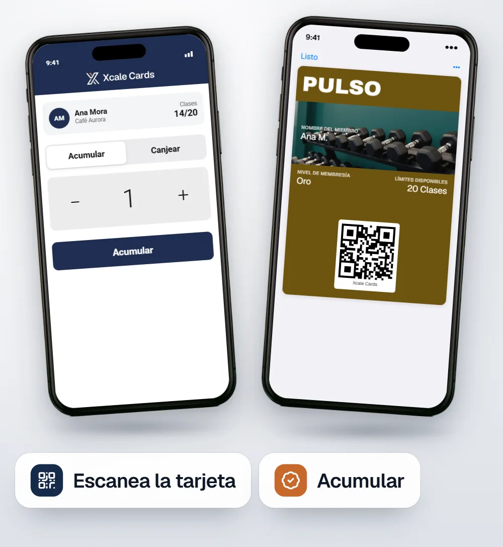 Dos iPhone: la app de escaneo con la cliente Ana Mora y 14 de 20 clases, y la membresía Oro de Pulso Gym.
