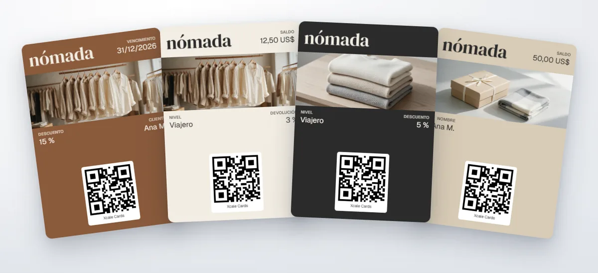 Cuatro tarjetas de la tienda Nómada en abanico: un cupón de 15 %, la tarjeta de devolución de dinero, una de descuento por niveles y una tarjeta de regalo de 50 US$.