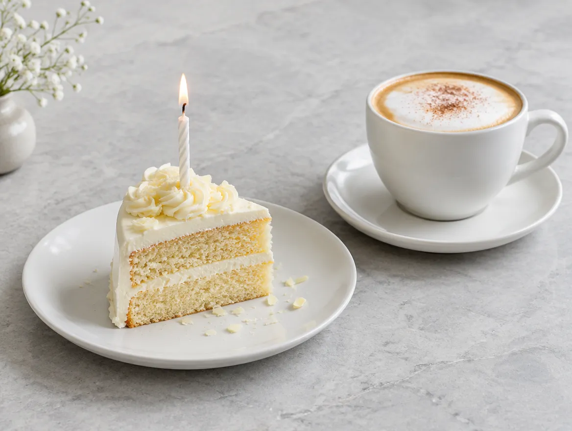 Una porción de pastel con una vela encendida junto a un capuchino.
