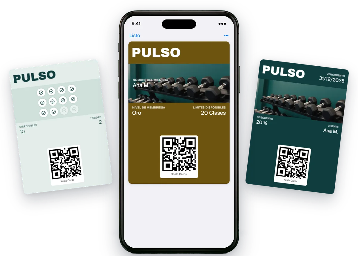 Un iPhone con la membresía Oro de Pulso Gym en el Wallet, entre su paquete de 12 clases y un cupón de 20 %.