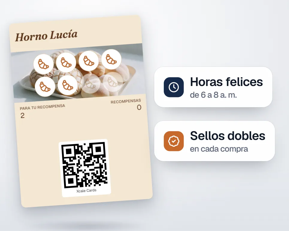 La tarjeta de sellos de Horno Lucía con los avisos «Horas felices, de 6 a 8 a. m.» y «2 sellos por compra».