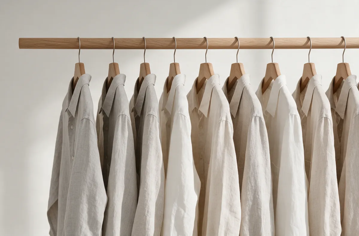 Camisas de lino en tonos neutros colgadas en ganchos de madera.