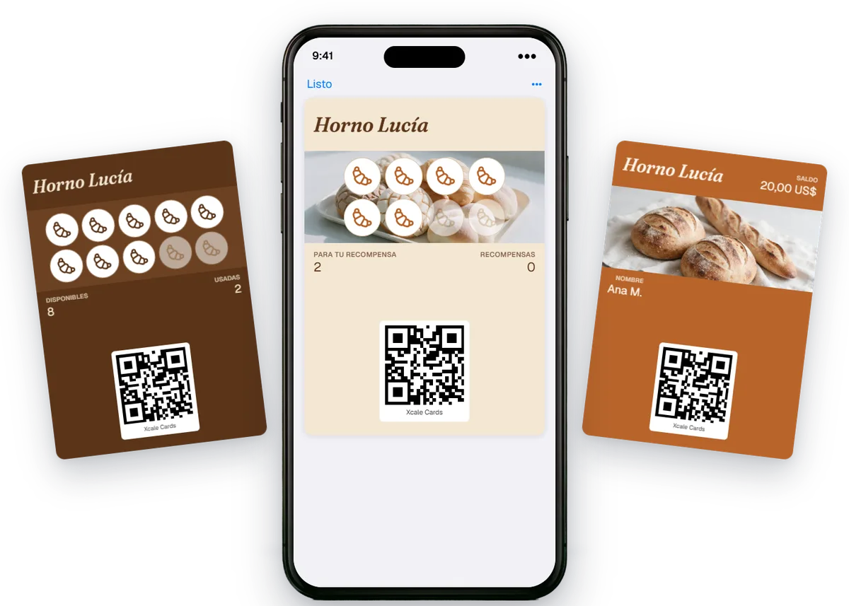 Un iPhone con la tarjeta de sellos de Horno Lucía en el Wallet, con sellos en forma de croissant, entre su paquete de pan del día y su tarjeta de regalo.