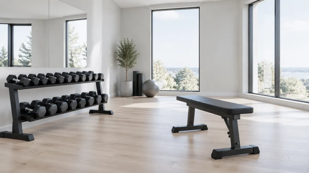 Un gimnasio luminoso con piso de madera clara, un estante de mancuernas negras y ventanales.