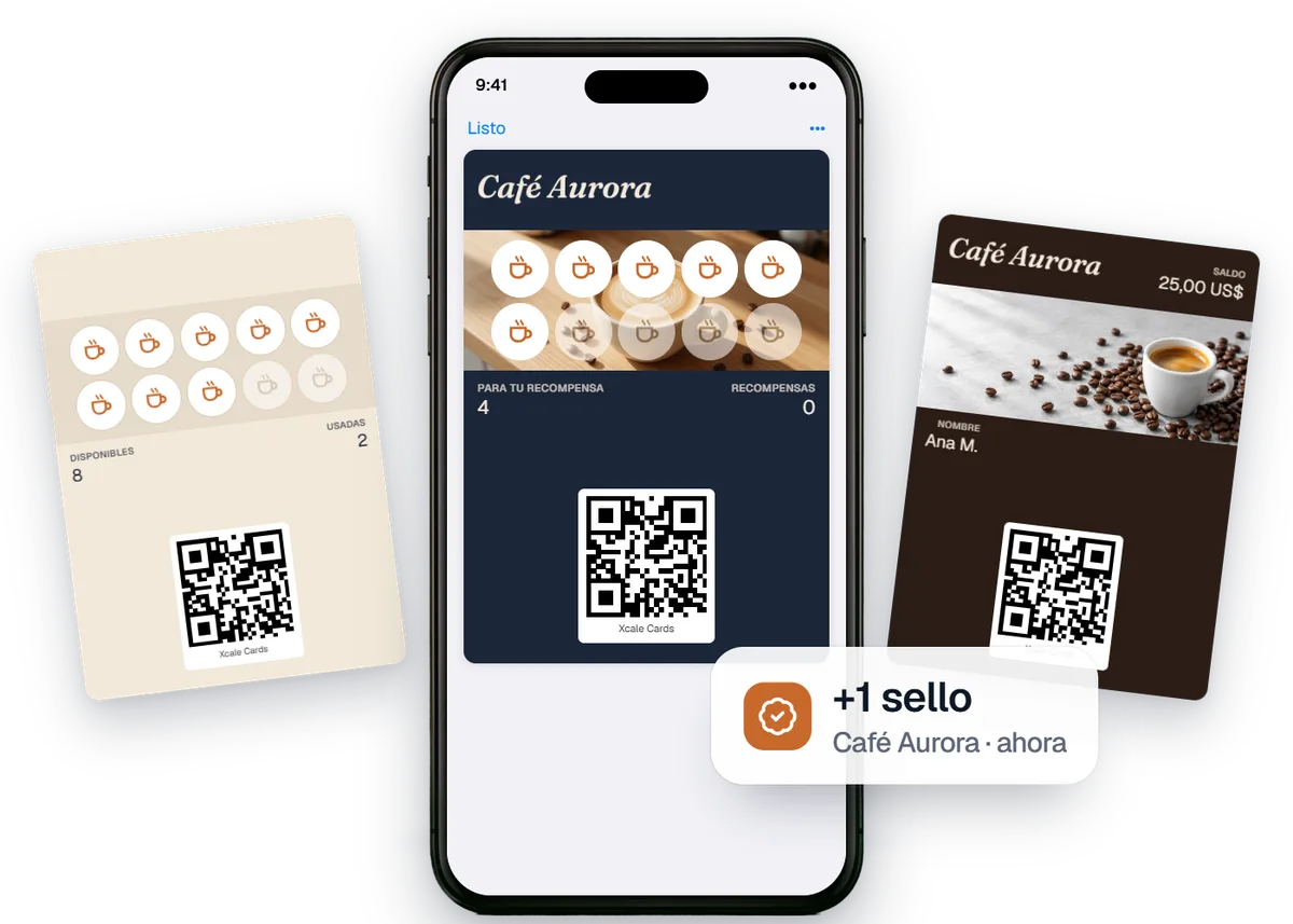 Un iPhone con la tarjeta de sellos de Café Aurora en el Wallet, con seis sellos en forma de taza, entre su paquete de 10 cafés y su tarjeta de regalo de 25 US$, y el aviso «+1 sello».