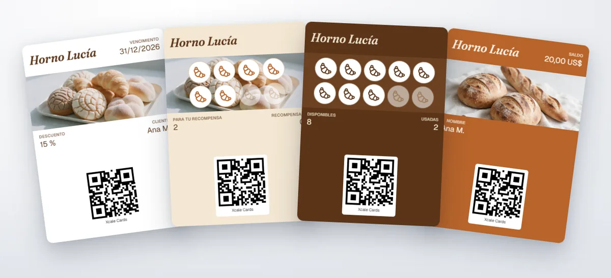 Cuatro tarjetas de Horno Lucía en abanico: un cupón de 15 %, la tarjeta de sellos con croissants, el paquete de pan del día y una tarjeta de regalo de 20 US$.