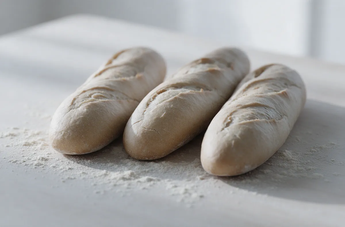 Baguettes y un poco de harina sobre una superficie de madera clara.