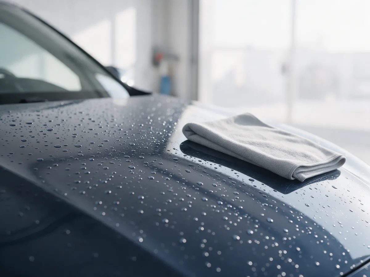 Un auto azul oscuro recién lavado, con gotas de agua, en un autolavado luminoso.