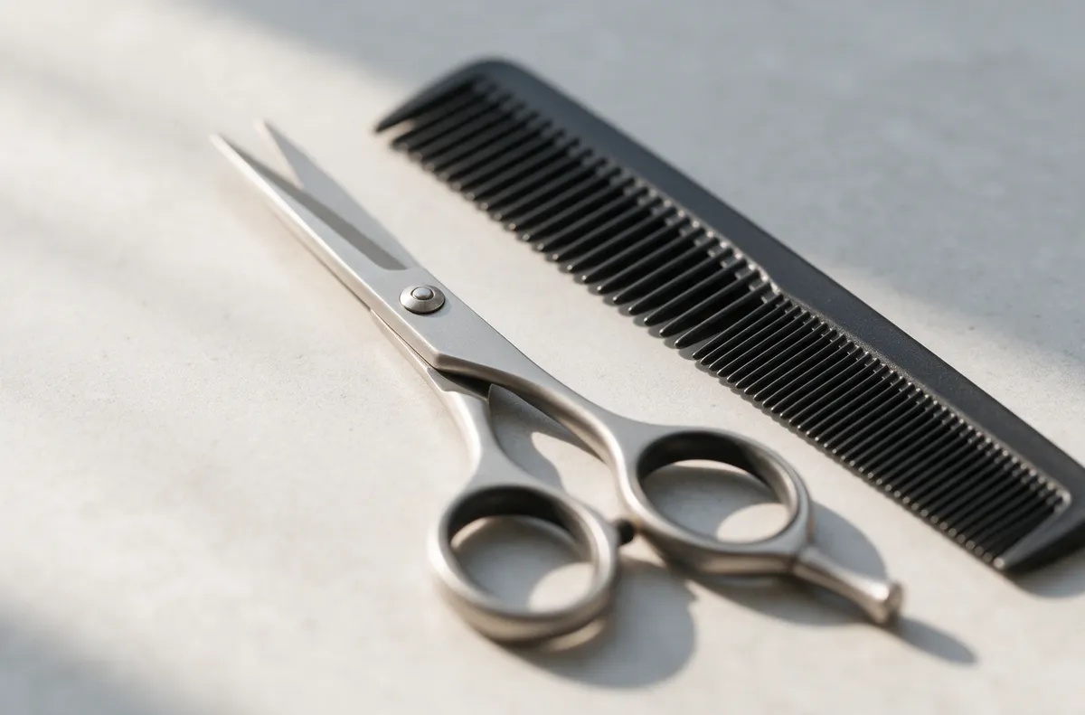 Unas tijeras de barbero y un peine negro sobre piedra gris clara.