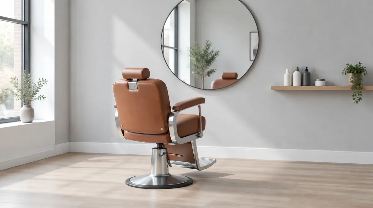 Una barbería luminosa y minimalista con un sillón de cuero, un espejo redondo y paredes gris claro.