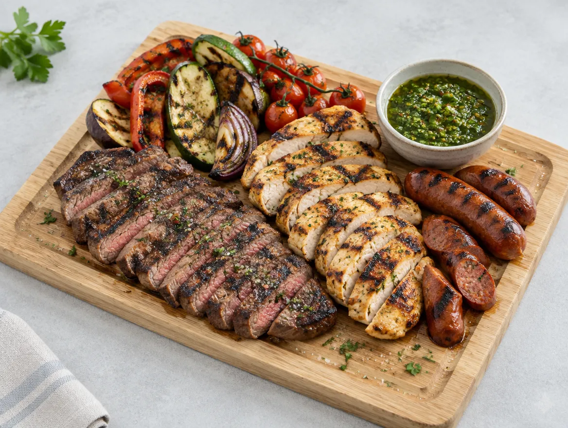 Una parrillada para dos sobre una tabla de madera, con vegetales y chimichurri.