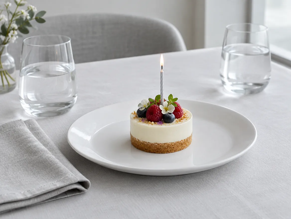 Un postre con una vela encendida sobre una mesa de restaurante.