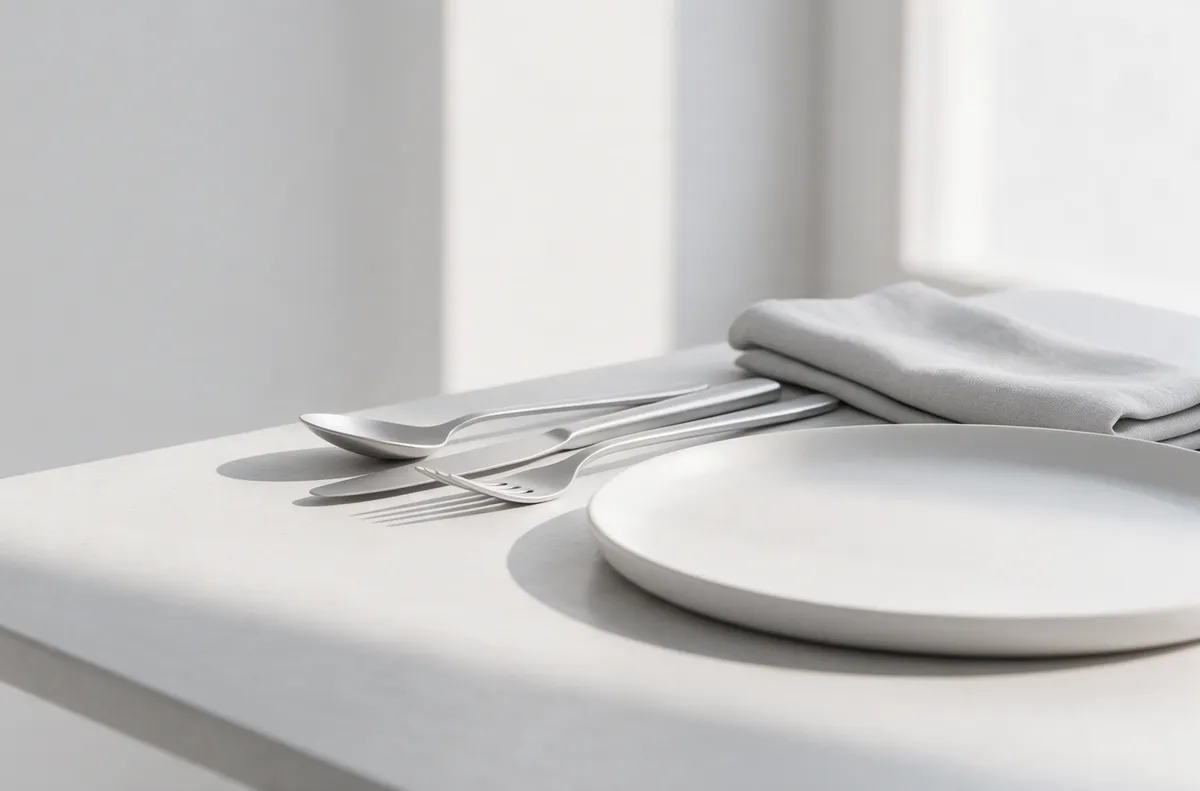 Una mesa puesta con platos blancos, cubiertos y una servilleta de lino gris.