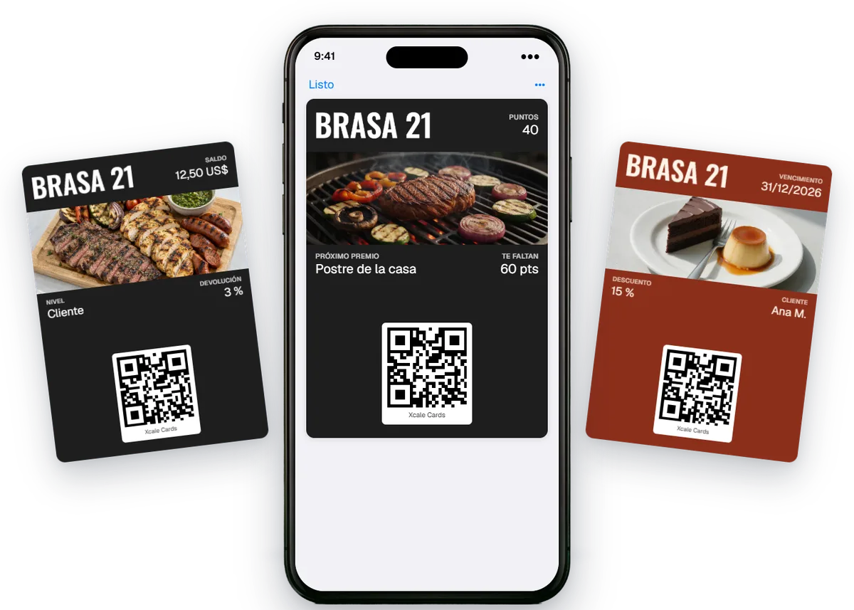 Un iPhone con la tarjeta de Premio de Brasa 21 en el Wallet, entre su tarjeta de devolución de dinero y un cupón de 15 %.