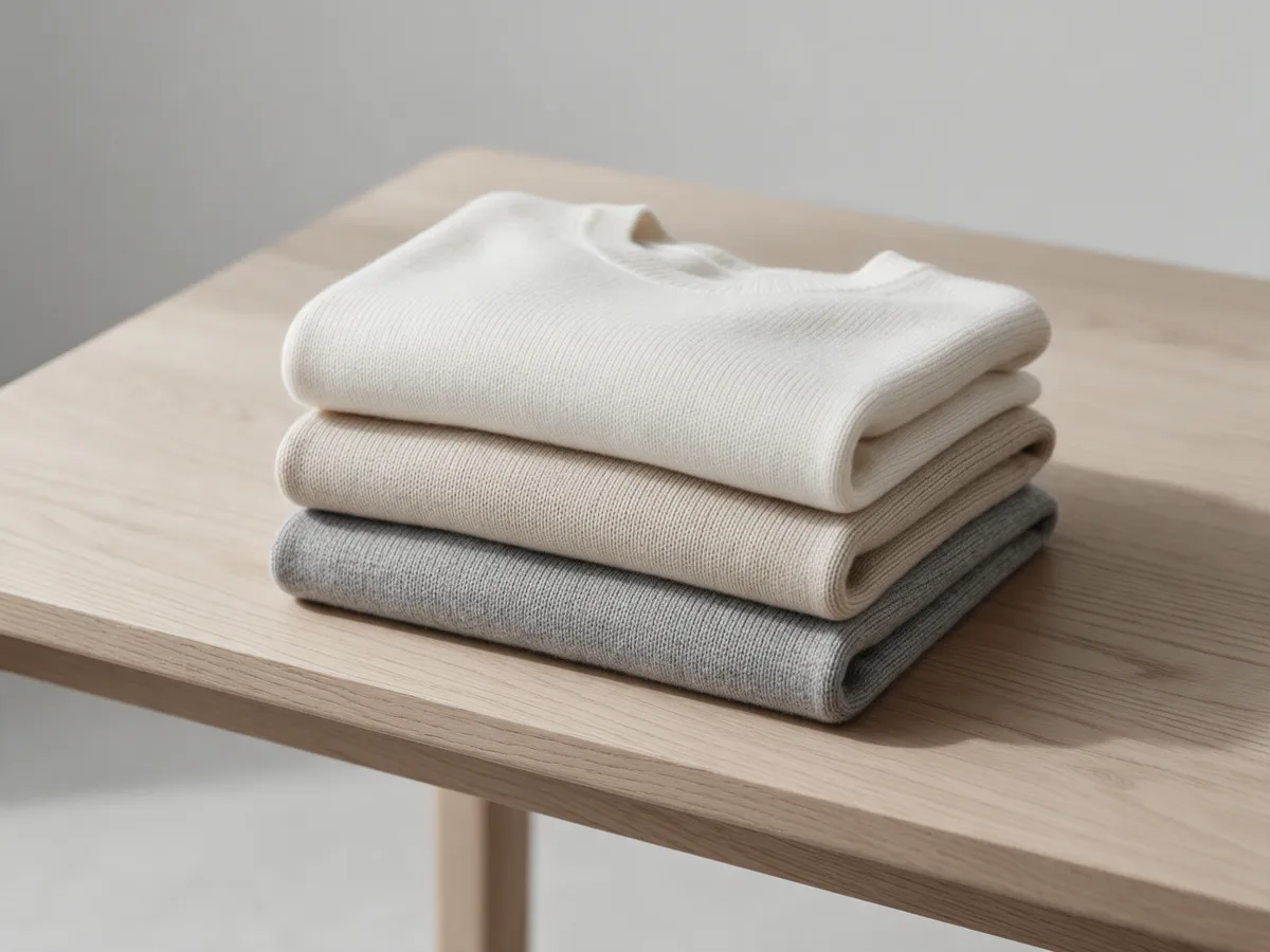 Suéteres tejidos doblados en tonos crema, arena y gris sobre una mesa de roble.