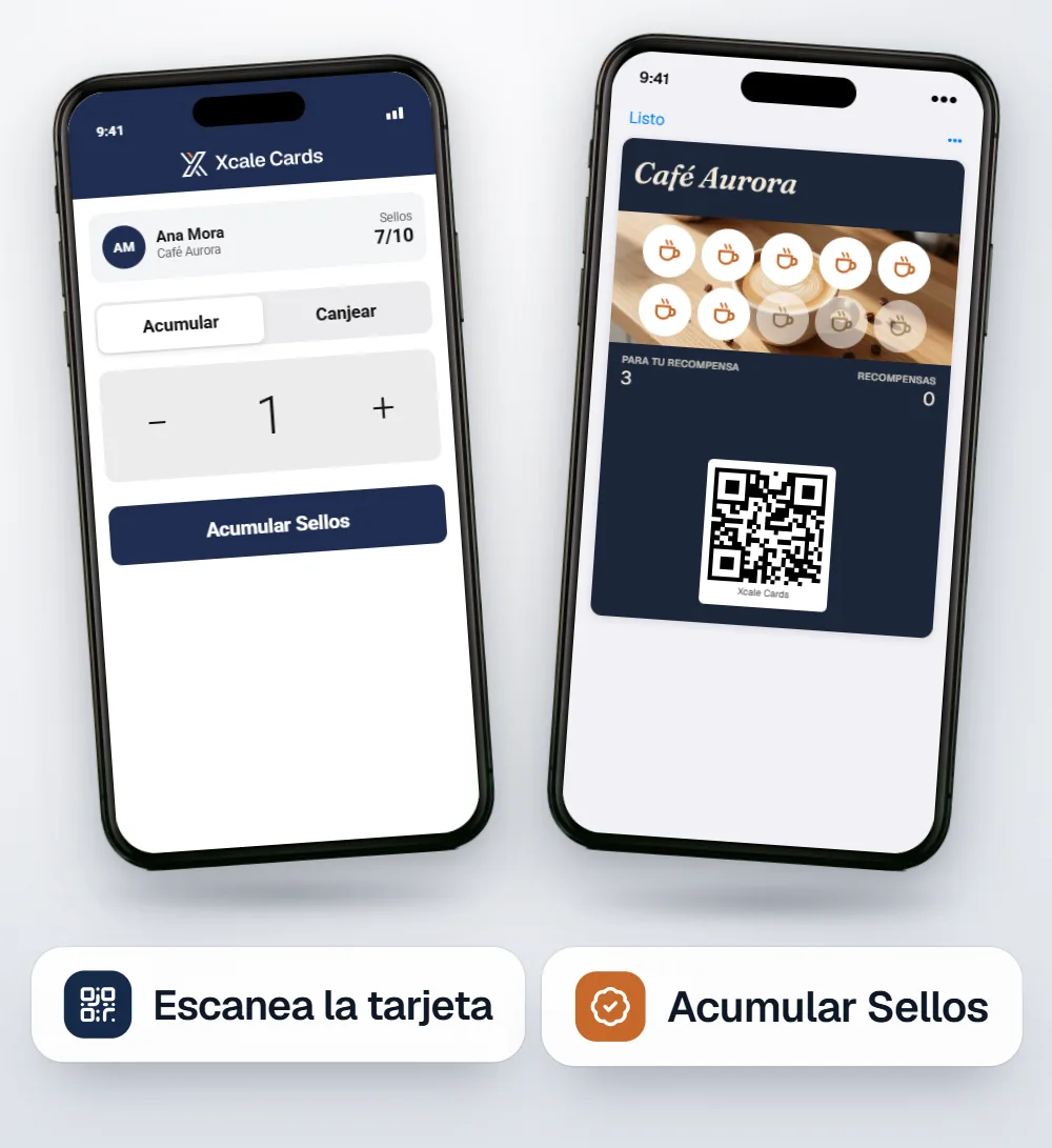 Dos iPhone: la app de escaneo con el cliente Ana Mora y el botón Acumular Sellos, y la tarjeta de Café Aurora con siete sellos.