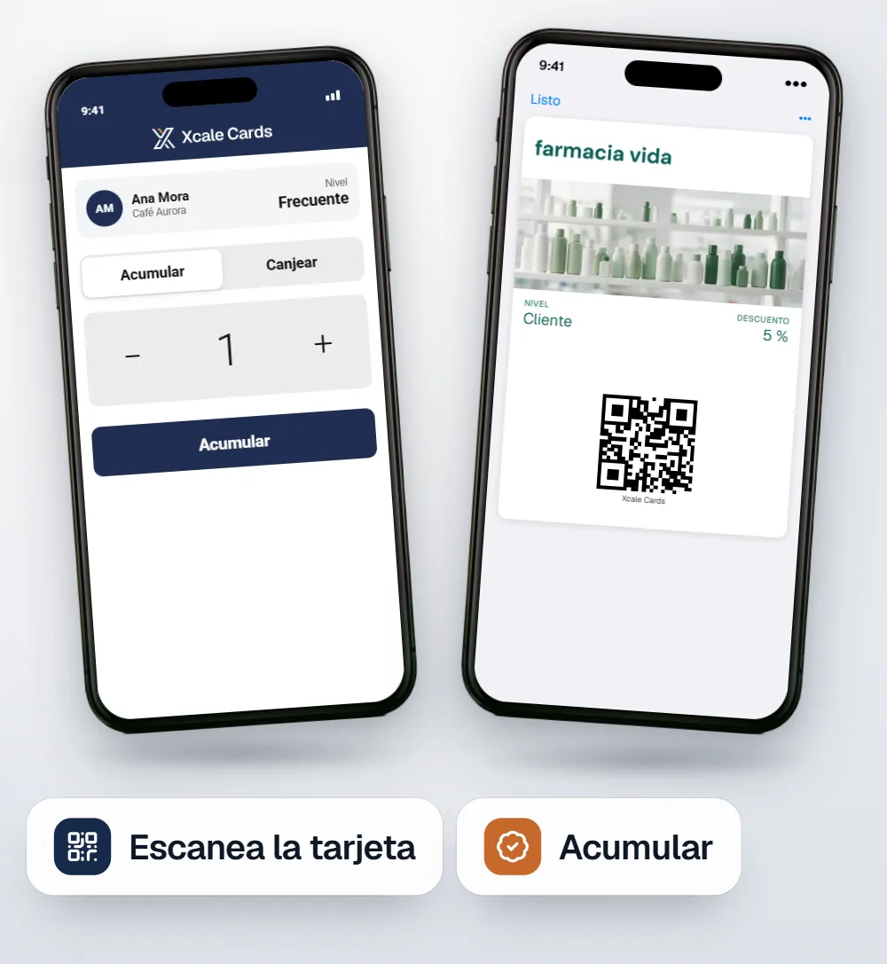 Dos iPhone: la app de escaneo con la cliente Ana Mora en nivel Frecuente, y la tarjeta de descuento de Farmacia Vida.