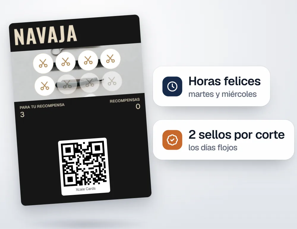 La tarjeta de sellos de Navaja con los avisos «Horas felices, martes y miércoles» y «2 sellos por corte».