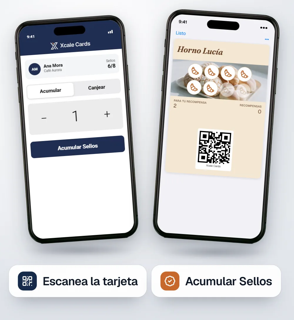 Dos iPhone: la app de escaneo con la cliente Ana Mora y el botón Acumular Sellos, y la tarjeta de sellos de Horno Lucía.