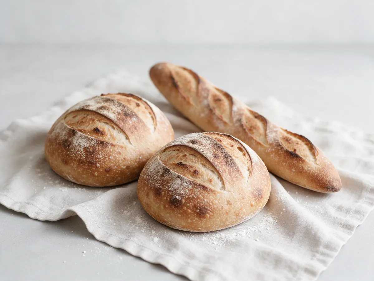 Dos hogazas de masa madre y una baguette sobre un paño de lino con harina.
