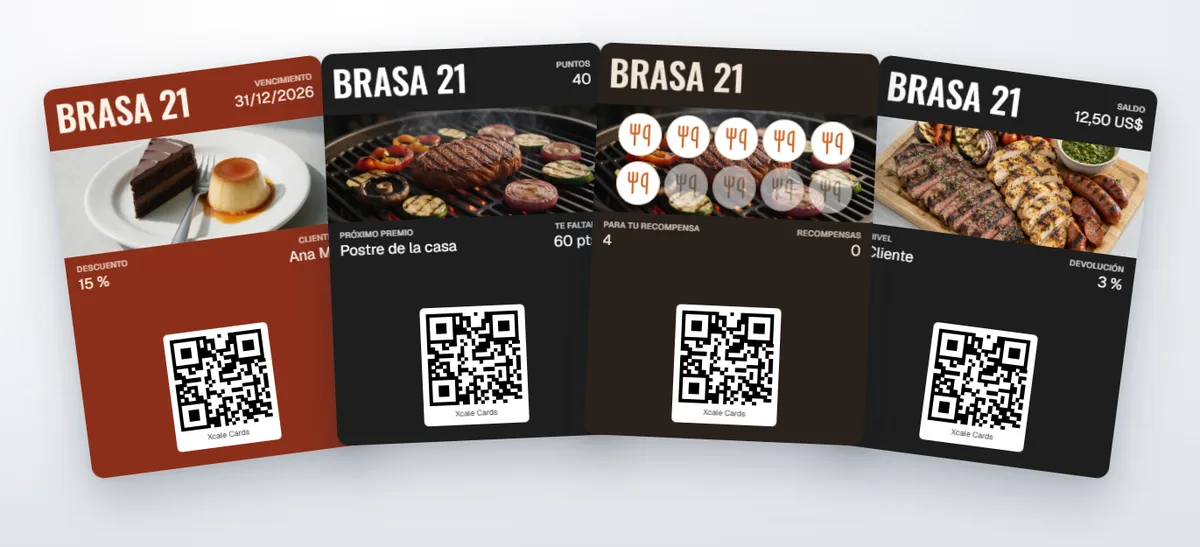Cuatro tarjetas de Brasa 21 en abanico: un cupón de 15 %, la tarjeta de Premio con sus puntos, una tarjeta de sellos con cubiertos y una de devolución de dinero.