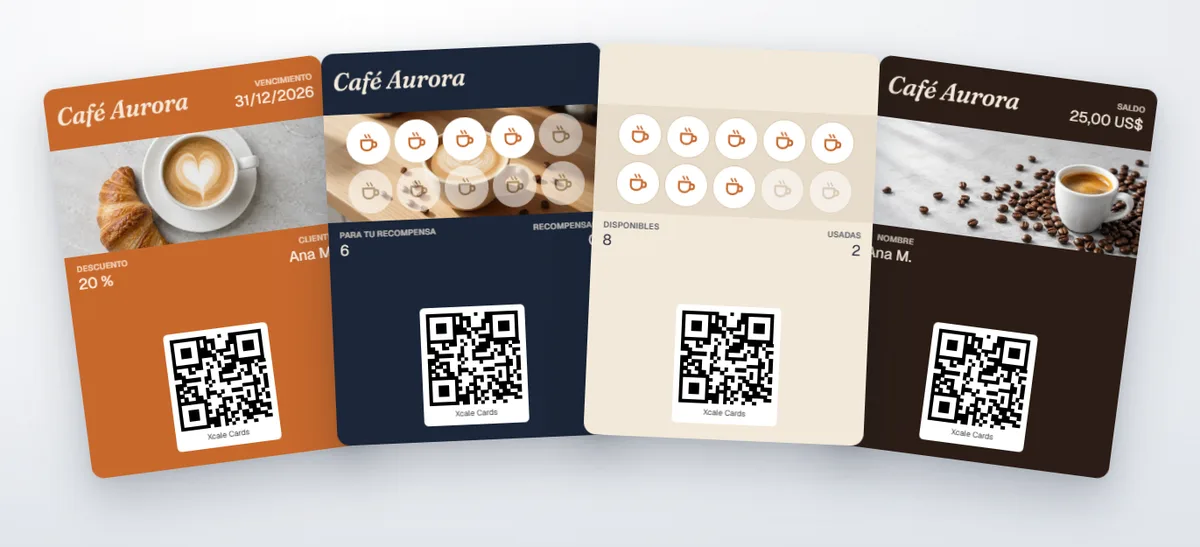 Cuatro tarjetas de Café Aurora en abanico: un cupón de 20 % en el primer capuchino, la tarjeta de sellos con tazas, un paquete de 10 cafés y una tarjeta de regalo de 25 US$.