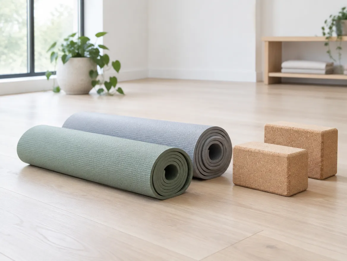 Colchonetas de yoga enrolladas y dos bloques de corcho sobre un piso de madera clara.
