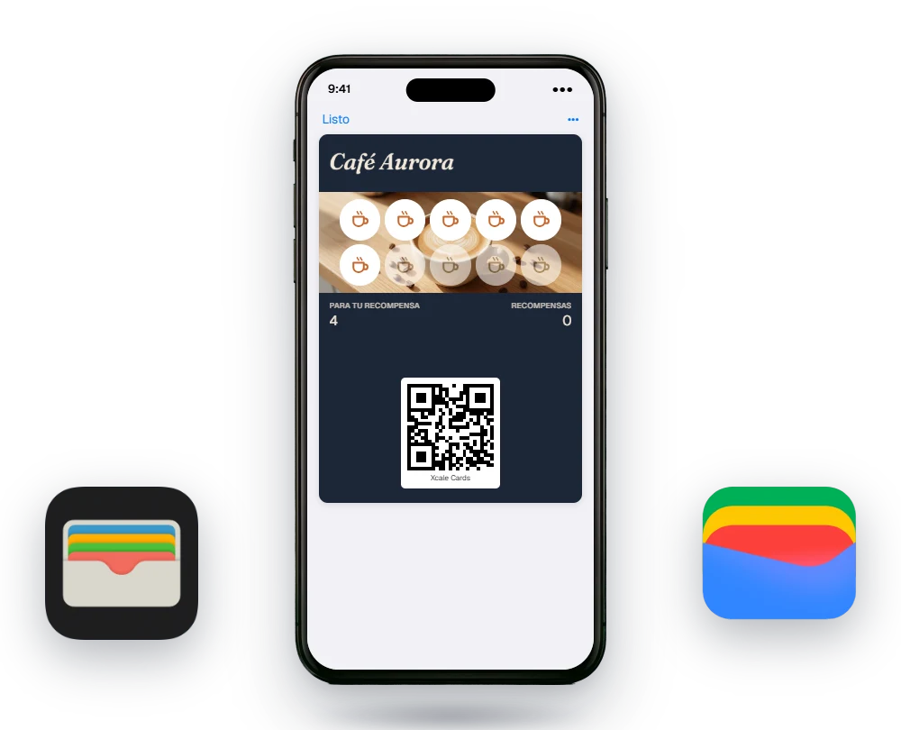 Un iPhone con la tarjeta de sellos de Café Aurora guardada en Apple Wallet, entre los íconos de Apple Wallet y Google Wallet.
