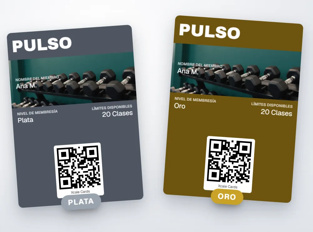 Dos tarjetas de membresía de Pulso Gym: nivel Plata y nivel Oro.
