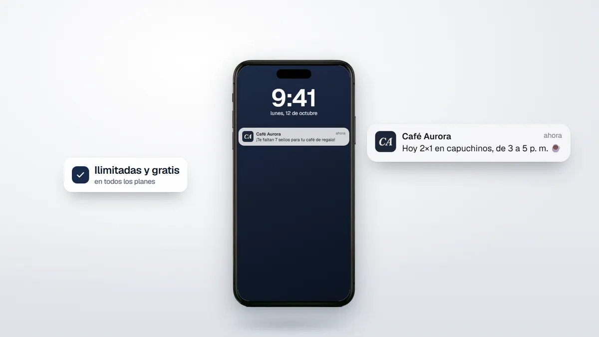 Un iPhone con una notificación de Café Aurora en la pantalla de bloqueo: hoy 2×1 en capuchinos, de 3 a 5 p. m.
