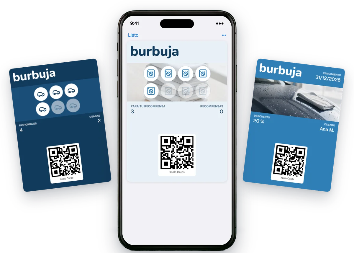 Un iPhone con la tarjeta de sellos de Burbuja en el Wallet, entre su paquete de 6 lavados de auto y un cupón de 20 %.