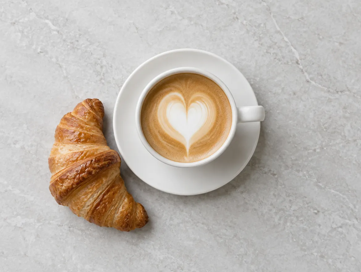 Un latte con un corazón dibujado en la espuma, en una taza blanca, junto a un croissant.