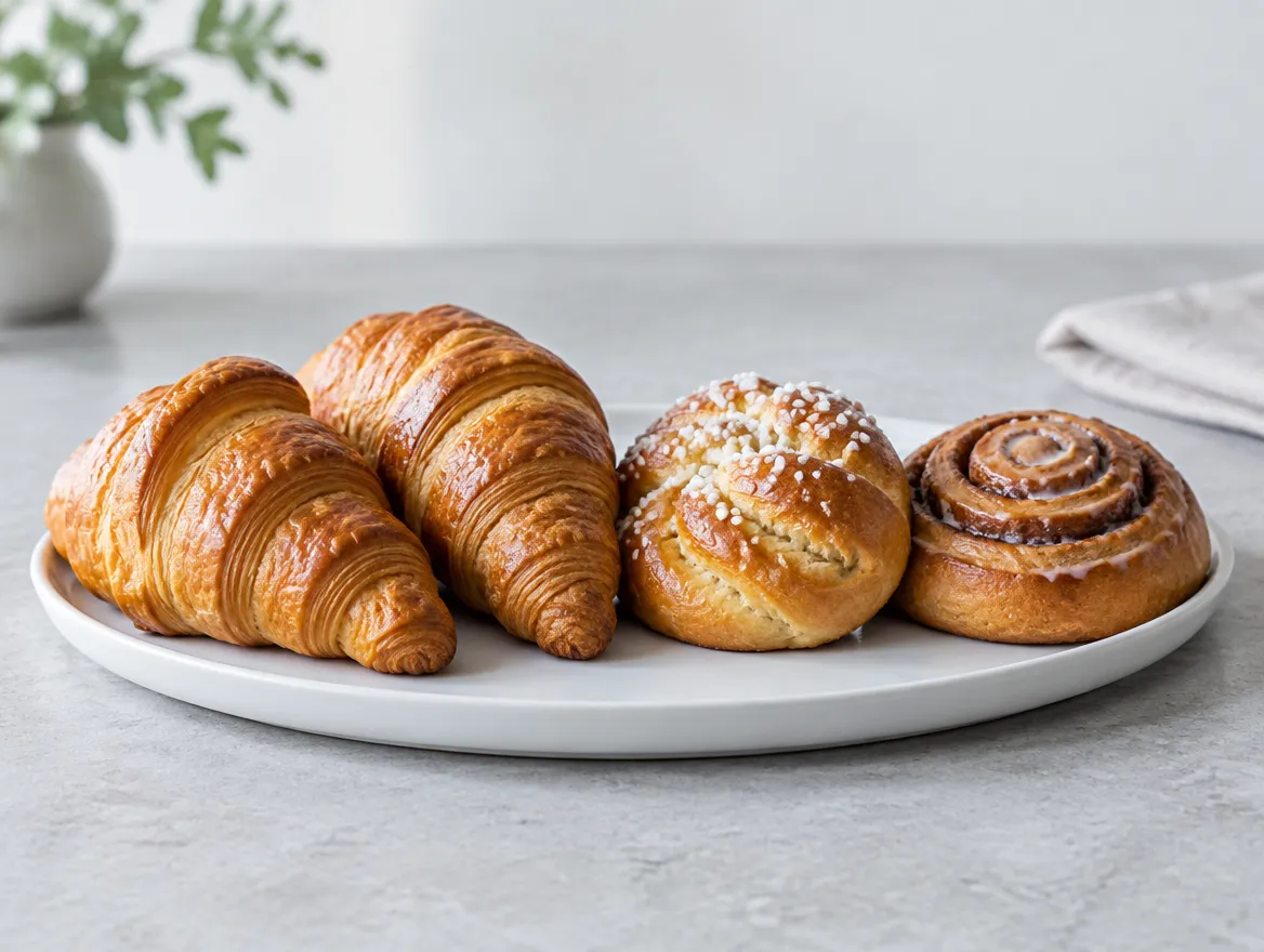 Croissants, un pan dulce con azúcar y un rollo de canela en un plato blanco.