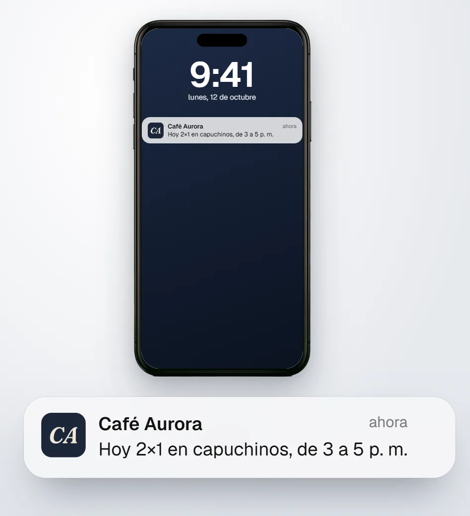 Un iPhone con la pantalla de bloqueo y el aviso de Café Aurora: hoy 2×1 en capuchinos, de 3 a 5 p. m.