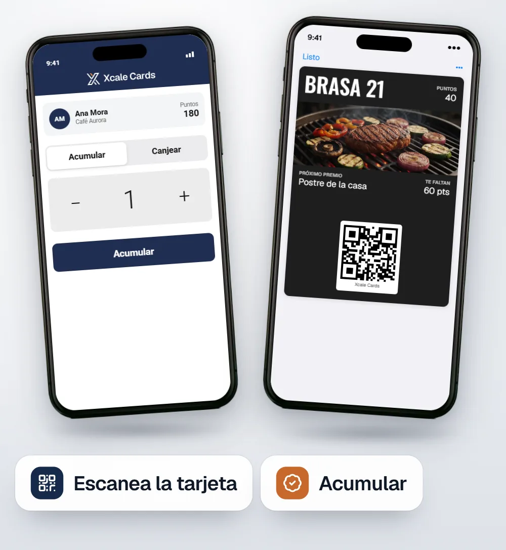 Dos iPhone: la app de escaneo con el cliente Ana Mora y 180 puntos, y la tarjeta de Premio de Brasa 21.