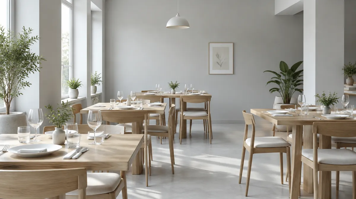 Un comedor de restaurante luminoso, con mesas de madera clara y vajilla blanca.
